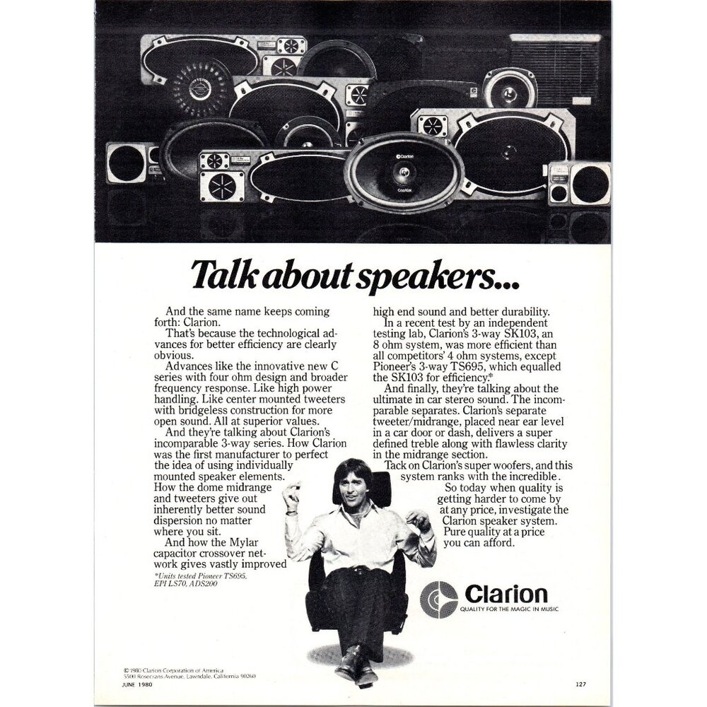 1980 Clarion Car Audio Stereo Speakers Vintage Print Ad Audiophile Wall Art 80s